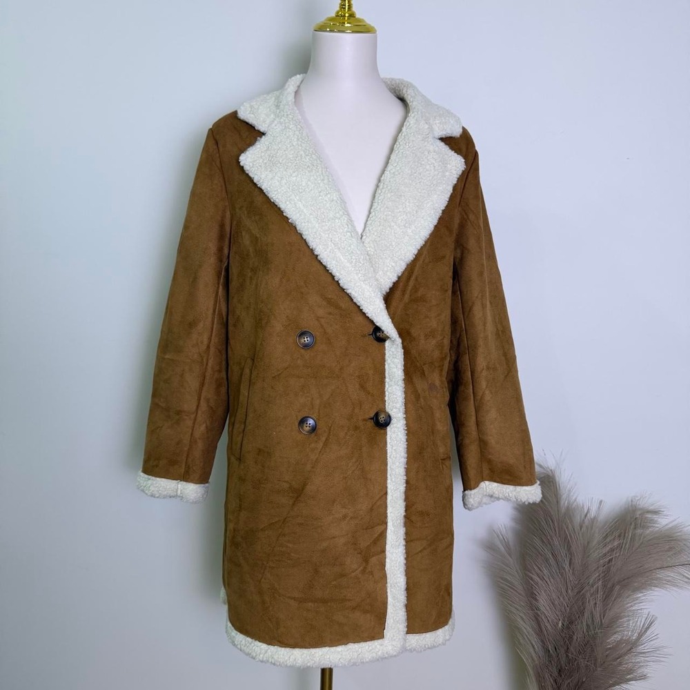 Faux Shearling Trimmed Faux Suede Mid Length Coat Camel Brown Small